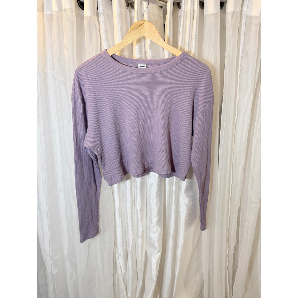 Sunday Best Waffle Knit Top Womens Small Purple Cropped Long Sleeve Thermal